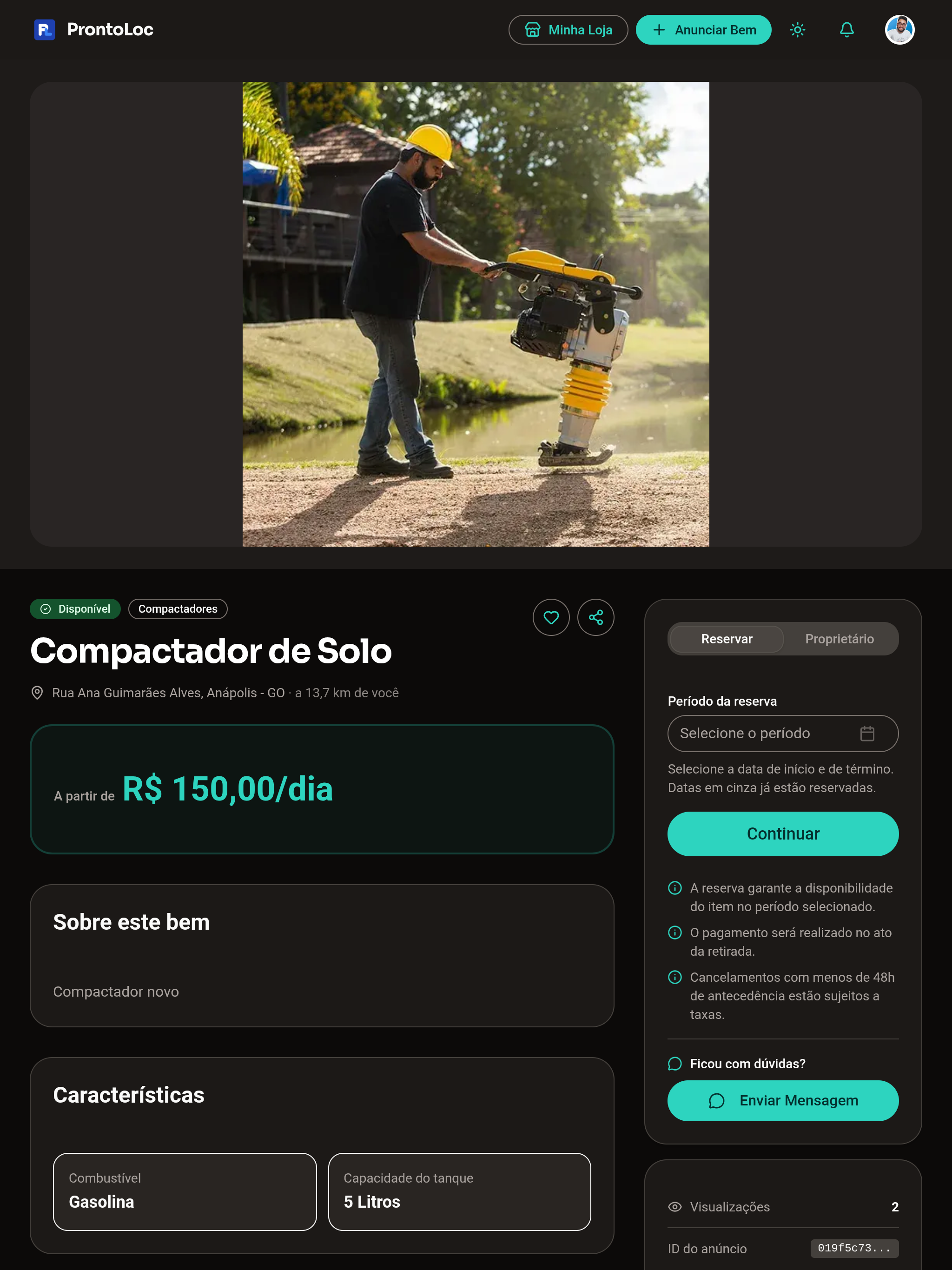Página de detalhes de um equipamento na ProntoLoc, com preço, características e reserva por período