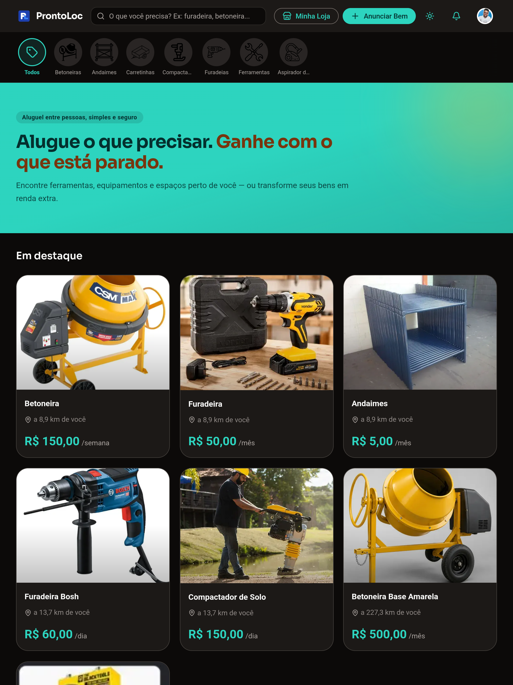 Tela inicial da ProntoLoc com catálogo de equipamentos para construção em destaque, busca e categorias