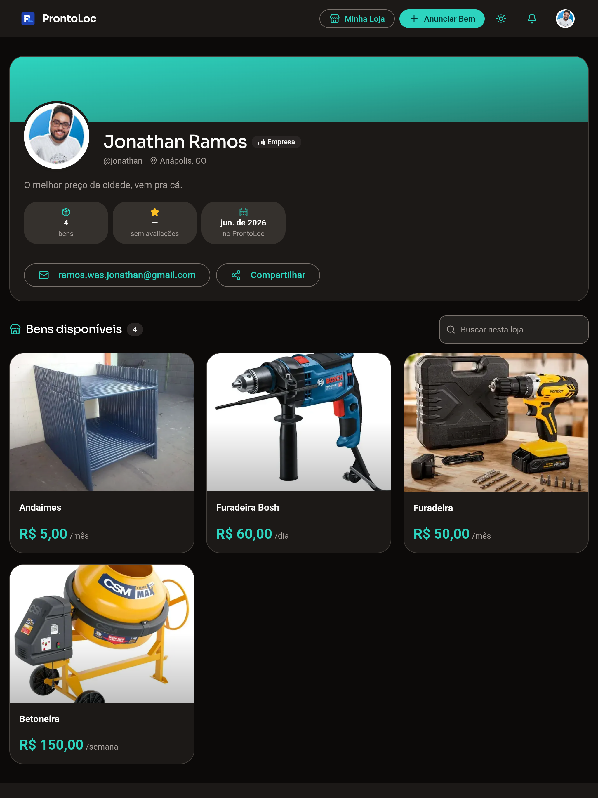 Loja pública de um locador na ProntoLoc, reunindo todos os seus equipamentos disponíveis