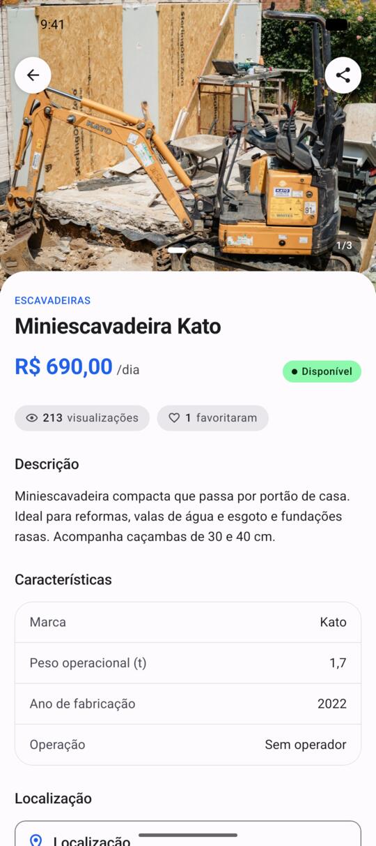 Ficha de uma miniescavadeira no app ProntoLoc, com preço por dia e características
