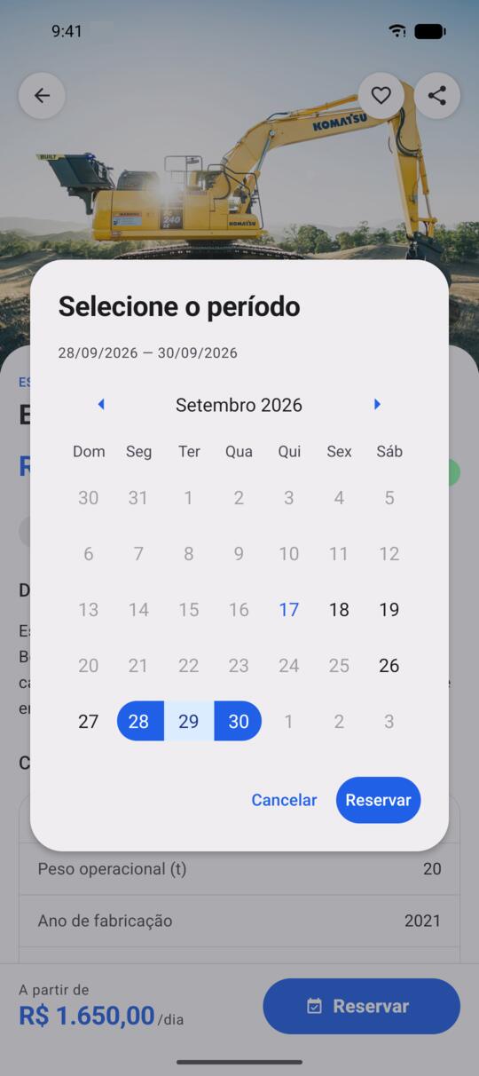 Calendário da reserva no app ProntoLoc, com as datas ocupadas bloqueadas