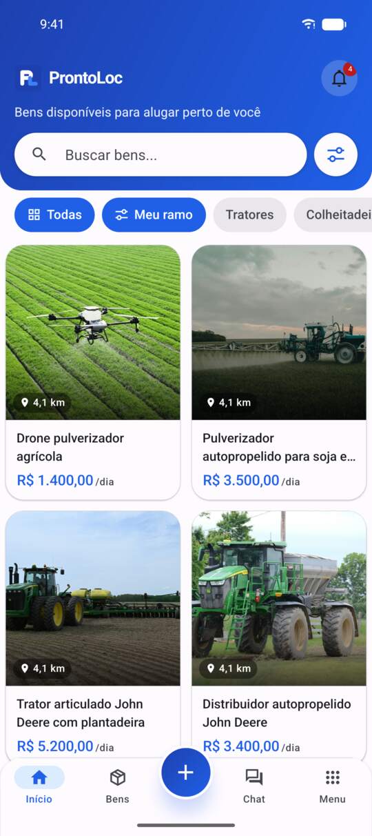 App ProntoLoc no Android, com máquinas agrícolas disponíveis perto do usuário