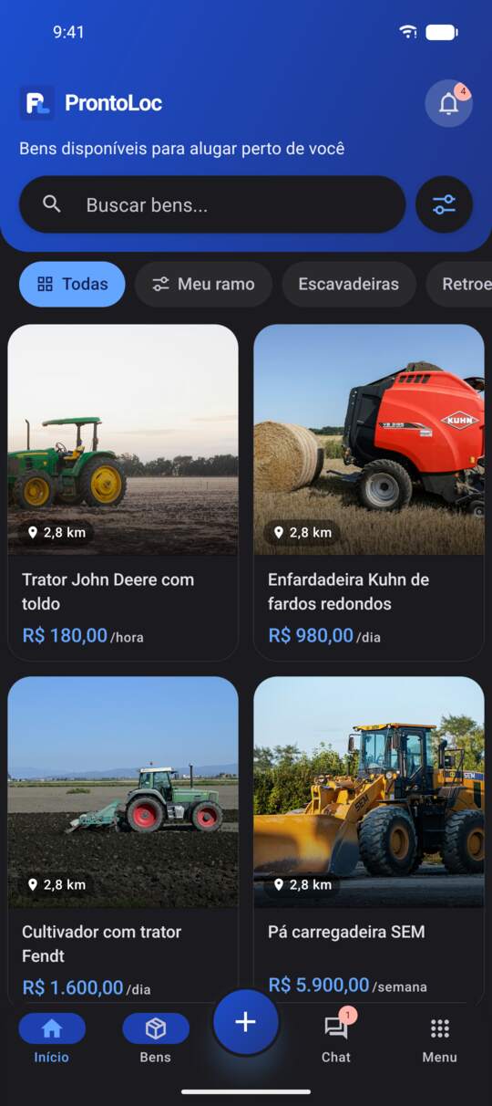 App ProntoLoc no tema escuro