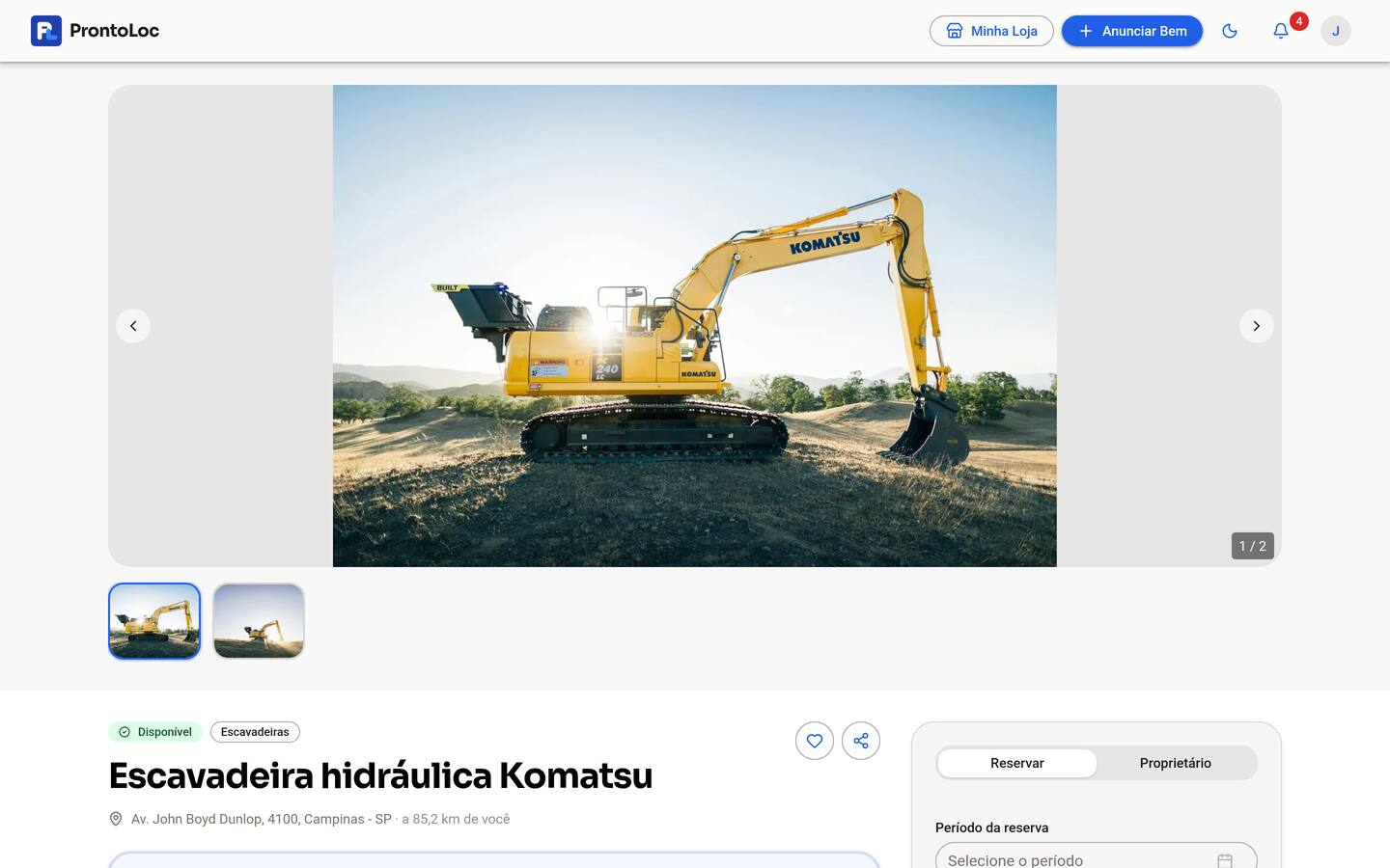 Anúncio de escavadeira hidráulica na ProntoLoc, com fotos, preço por dia e seleção do período