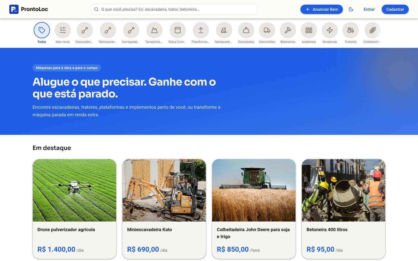 Catálogo da ProntoLoc na web, com busca, categorias e anúncios em destaque com preço por dia