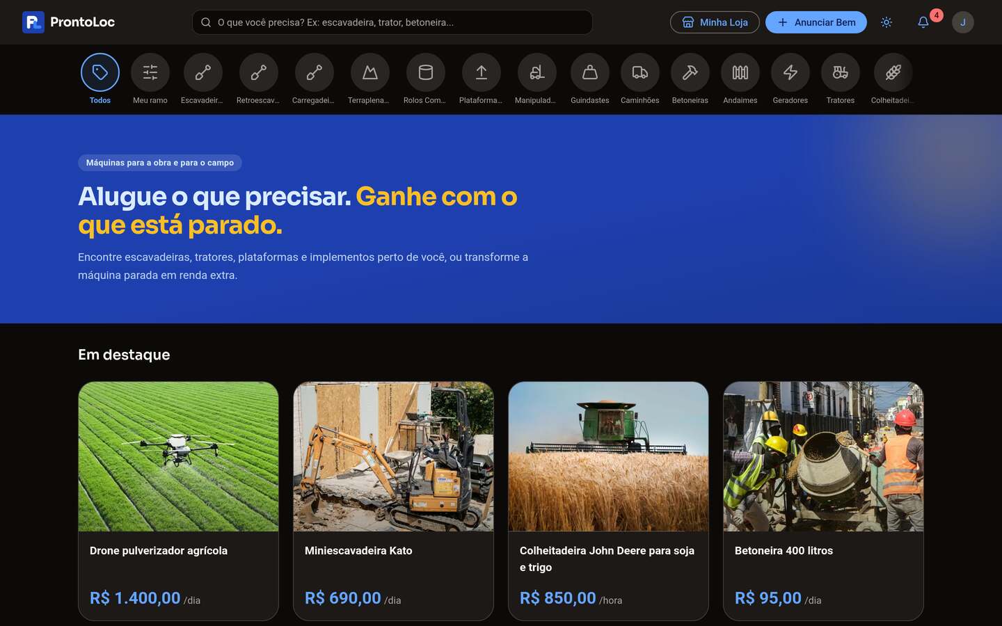 ProntoLoc no tema escuro, com o catálogo de máquinas