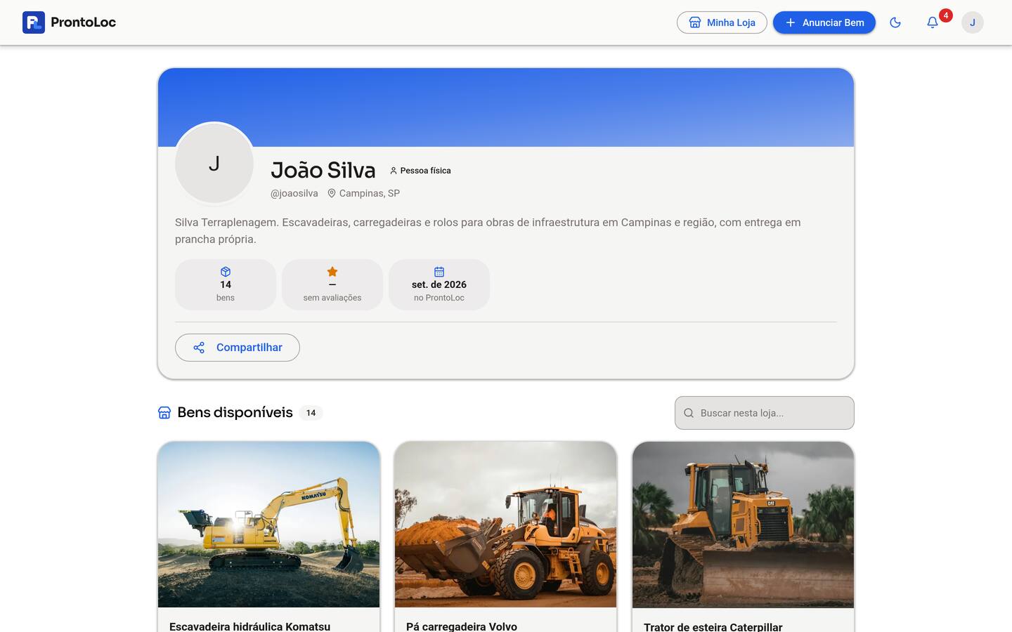Loja pública de um anunciante na ProntoLoc, com os anúncios disponíveis para alugar